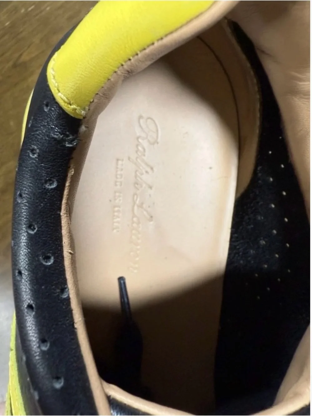 Ralph Lauren Purple Label Black Leather Sneakers with Yellow Stripes